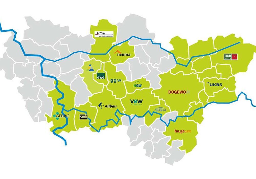 Karte des Ruhrgebiets, alles Städte sind grün, die im Verband WIR Mitglied sind